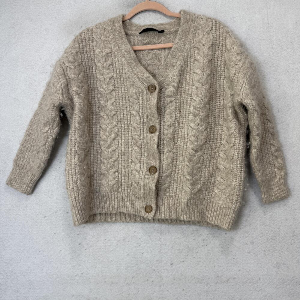 Jenni Kayne Cardigan Sweater Womens Small Beige V Neck Alpaca Cable Button Knit